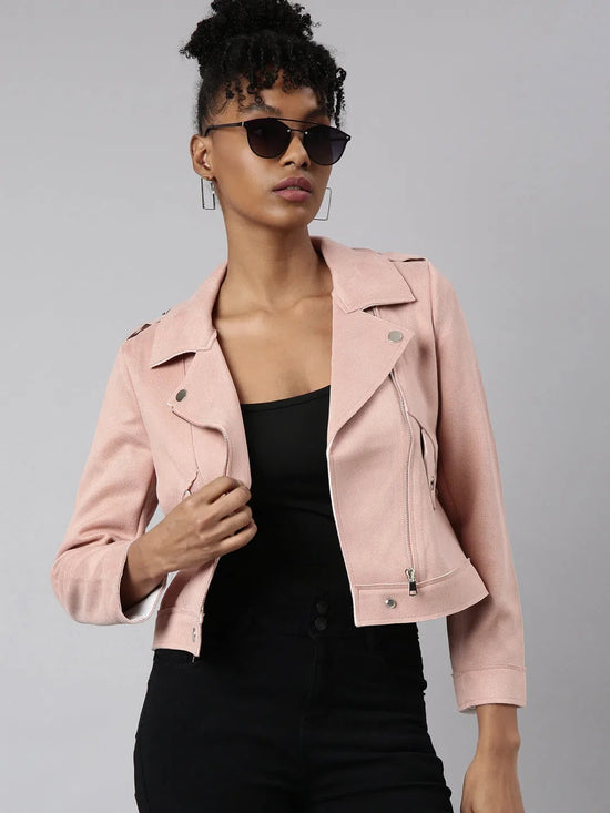 Women Solid Peach Biker Jacket-2058-Peach