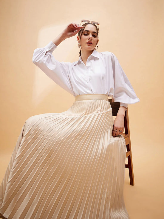 Women Beige Accordion Pleated Belted Midi Skirt