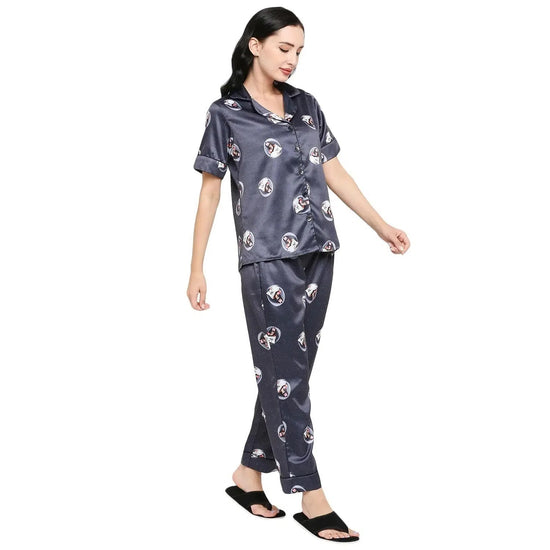 Smarty Pants Women's Silk Satin Grey Color Quirky Printed Night Suit