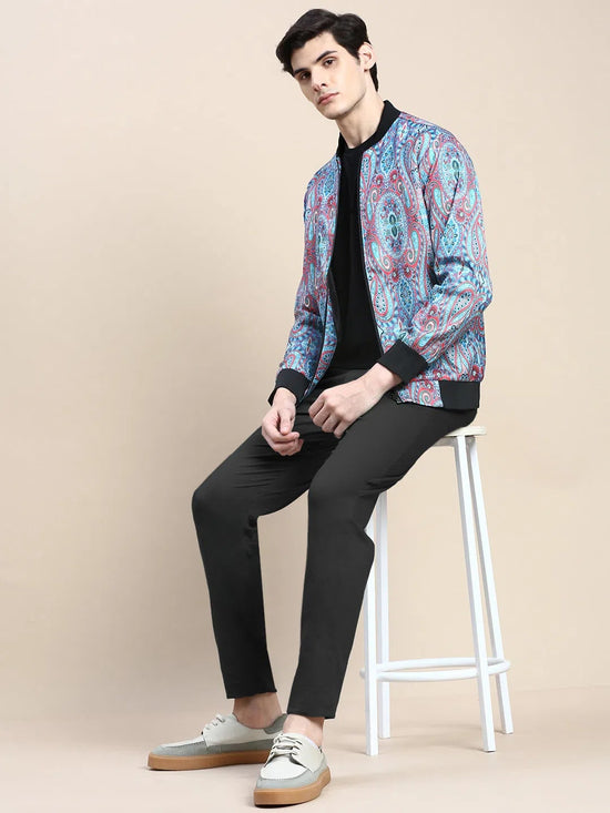 Men Blue Printed Casual Bomber Jacket-AROMATICDIGITALPRINT-2178-Blue