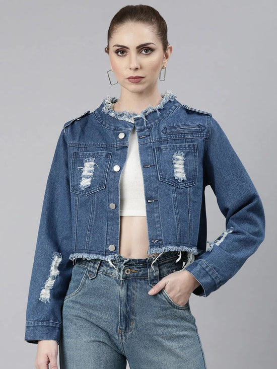 Women Blue Solid Denim Jacket-CHN-232-Blue