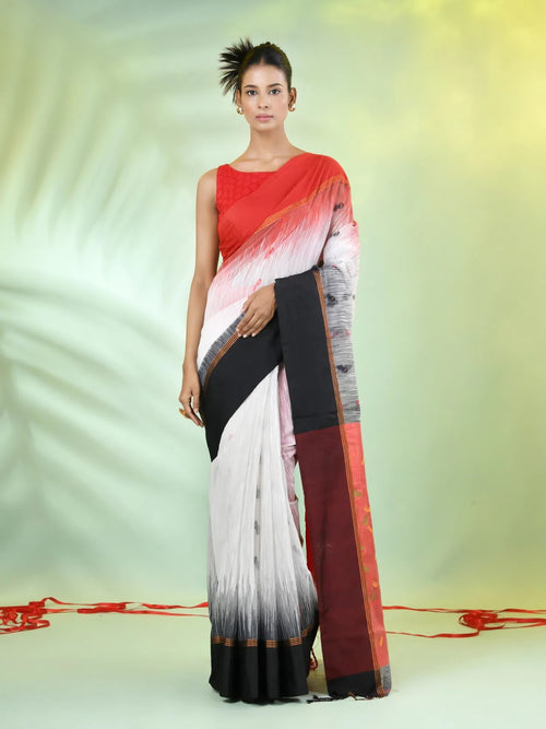 White Cotton Ikat Saree With Ganga Jamuna Border-MA66BCT431380075