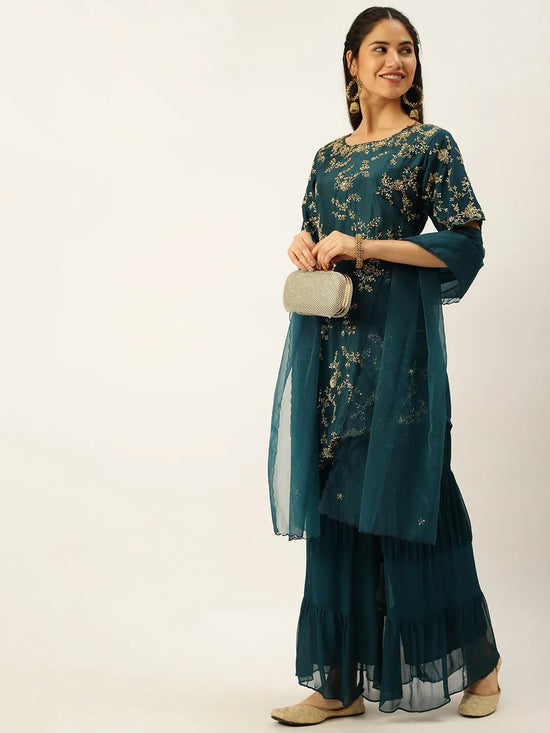 Women's Blue Solid Kurta Sets-SB-48757-Teal