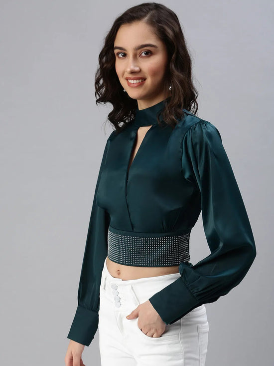 Women's Green Embellished Crop Top-SP-5822-Green