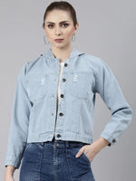 Women Blue Solid Denim Jacket-GZ-9513-Blue