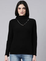 Women Solid Black Top Comes with Neck Chain-3910-Black