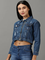 Women's Navy Blue Solid Denim Jacket-AE-0150-Navyblue