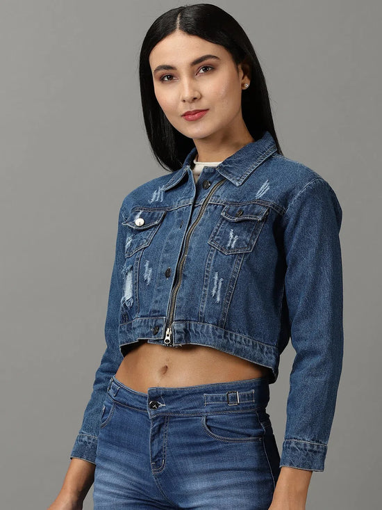 Women's Navy Blue Solid Denim Jacket-AE-0150-Navyblue