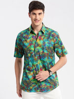 Men Spread Collar Abstract Green Casual Shirt-REVERIE-2113-Green