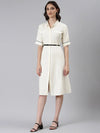 Women Cream Solid Shirt Dress-DF-1603-Cream