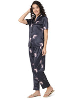 Smarty Pants Women's Silk Satin Teal Blue Color Moon Printed Night Suit