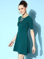 Veni Vidi Vici Dark Green Front Ring Laceup Half Sleeve Skater Dress