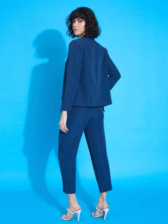 Women Royal Blue Shawl Collar Blazer With Balloon Fit Pants