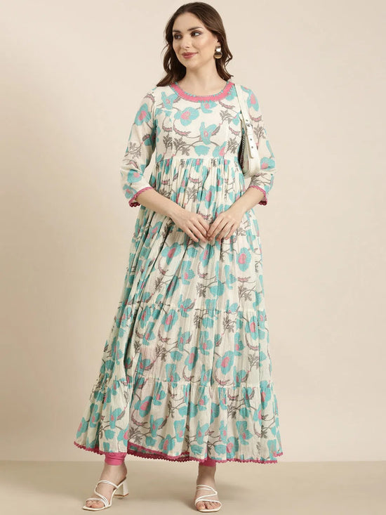 Women Anarkali Turquoise Blue Floral Kurta-ON-744-Turquoiseblue