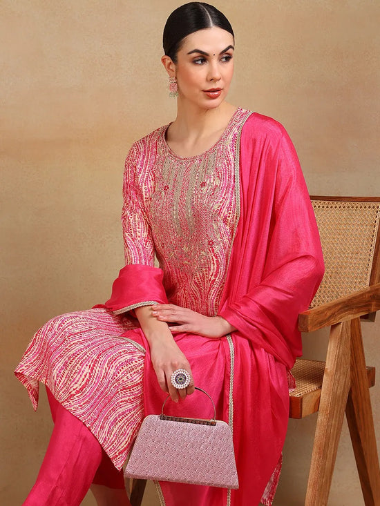 Ahika Women Pink Cotton Blend Embroidered Straight Kurta Pant Set