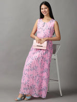 Women's Pink Floral Fit and Flare Dress-KG-502-Pink