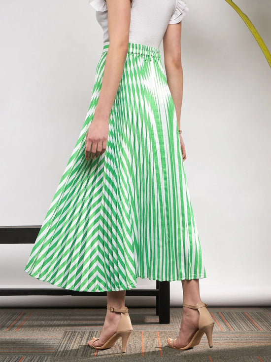 Women Green & White Satin Striped Accordion Pleated Maxi Skirt