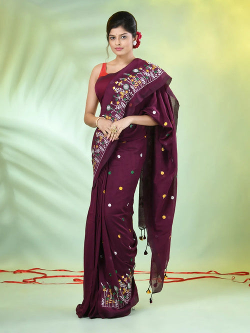 All Over Thread Floral Embroidery Burnt Burgundy Cotton Saree-MA62CT33610073