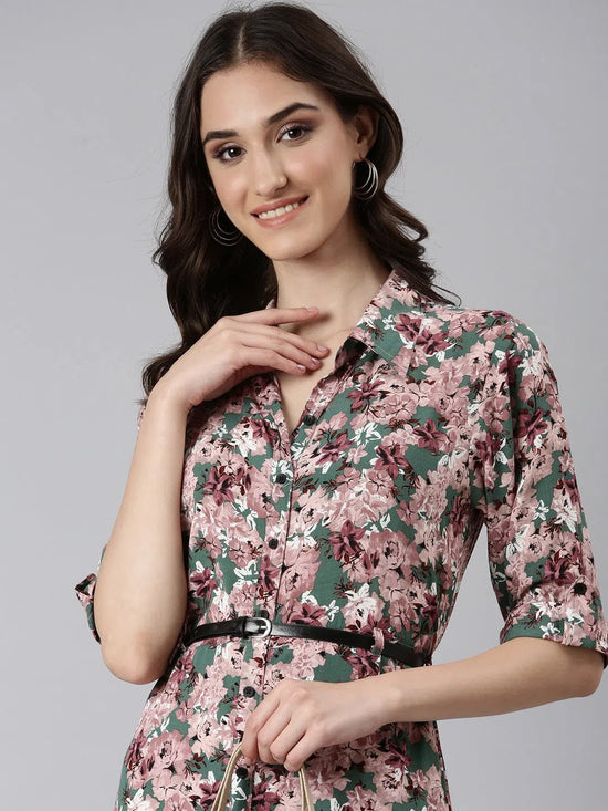 Women Green Floral Shirt Dress-AE-10680-Green