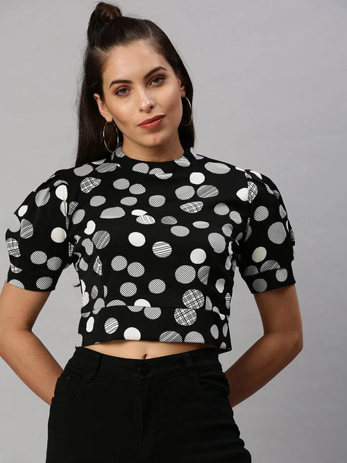 Women's Black Printed Crop Tops-AE-10294-Blackwhite