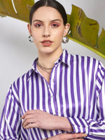 Women Purple & White Satin Striped Shirt