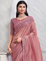 Saree Mall Women's Georgette Rose Gold Embellished Designer Saree With Blouse Piece-SILVER29010