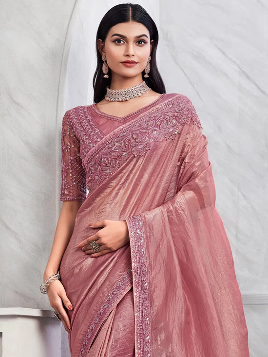 Saree Mall Women's Georgette Rose Gold Embellished Designer Saree With Blouse Piece-SILVER29010