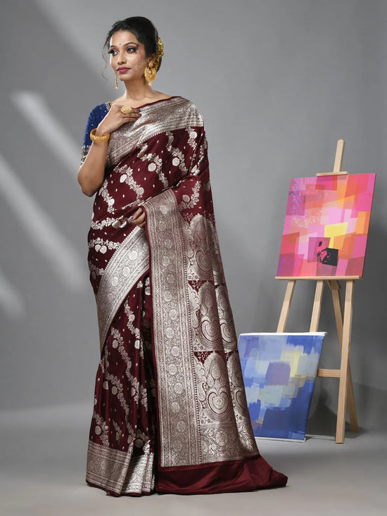 Dark Chocolate Katan Silk Banarasi Saree With Heavy Jaal Work-MA52KA441380057