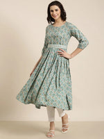 Women Anarkali Sea Green Geometric Kurta Comes With Belt-AT-A1177-LG-Seagreen