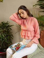 Women Peach Dobby Layered Hem Peplum Top