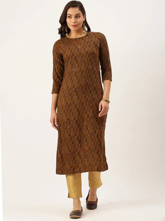 Women's Brown Printed Straight Kurtas-GW-2442-Brown