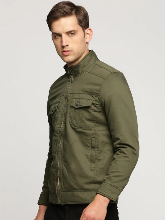 Men Olive Mock Collar Solid Tailored Jacket-SO-21-Olive