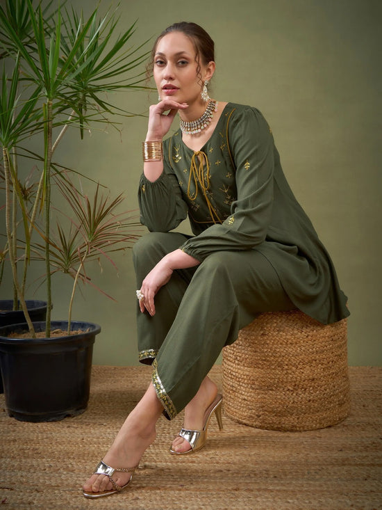 Women Olive Embroidered Peplum Top With Palazzos