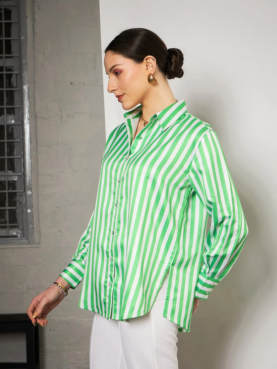 Women Green & White Satin Striped Shirt