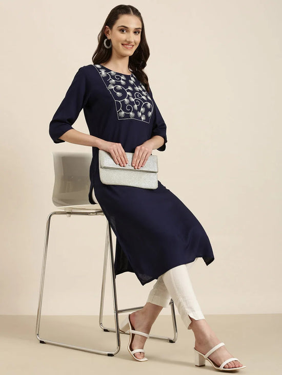 Women Navy Blue Solid Straight Kurta-NJ-3622212-Navyblue