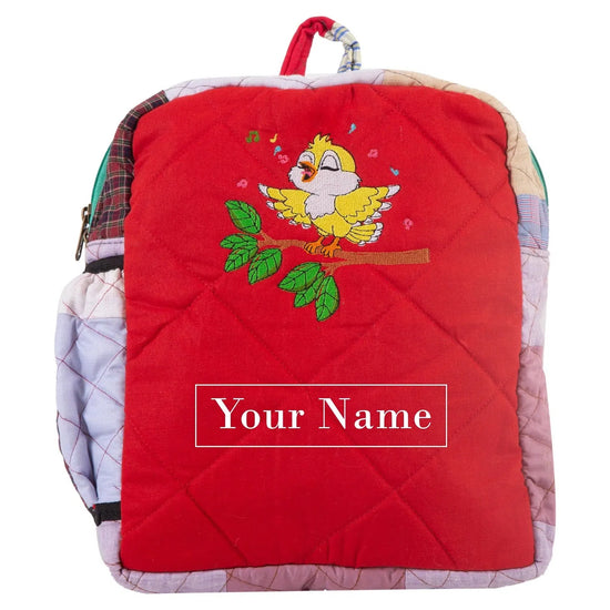 Upcyclie Patchwork Quilted Water Resistant Lining Eye Catching, Toddler Backpack With Embroidery Name Singing Bird_Multicolor 43.18x33x20.32x4 cm