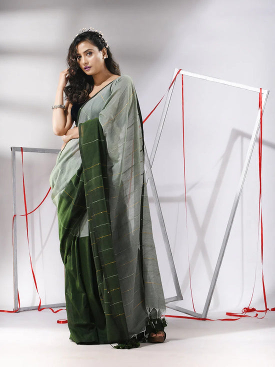 Sage Green Cotton Saree With Stripes Pattern Sequine Work-MA55CT06500128