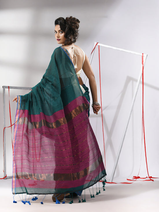 Teal Cotton Saree With Sequine Work And Zari Stripe Pallu-MA55CT06520124