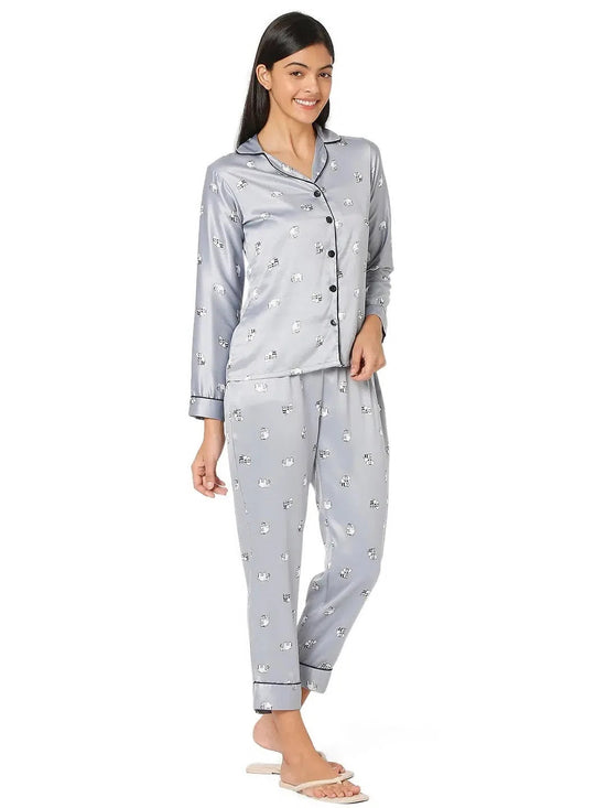 Smarty Pants Women's Silk Satin Grey Color Elephant Print Night Suit