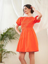 Women Orange Poplin Smocked Gathered Dress