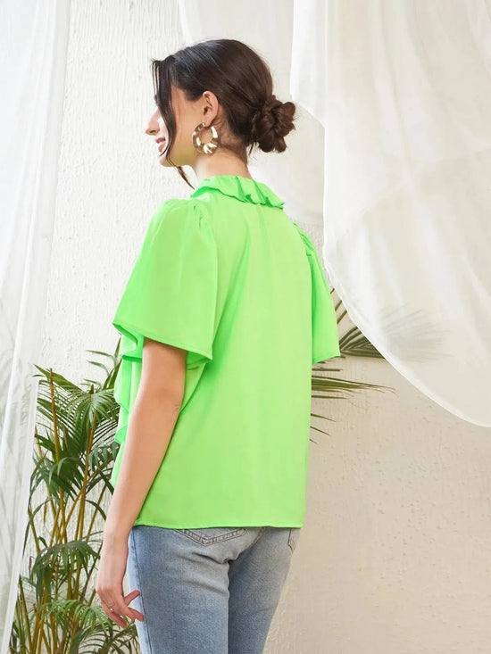 Women Green Short Sleeves Ruffle Top