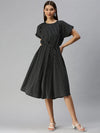 Women's Black Striped Fit and Flare Dress-AE-9873-Black