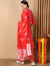 Ahika Women Red Cotton Embroidered Straight Kurta Pant Set