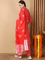 Ahika Women Red Cotton Embroidered Straight Kurta Pant Set