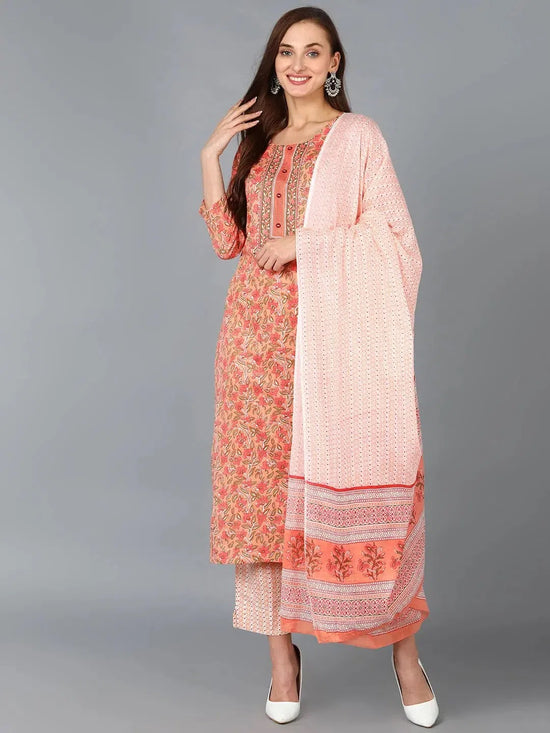 Ahika Women Peach Rayon Blend Printed Straight Kurta Pant Set-VKSKD1043A_XS