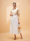 Women White Accordion Pleated Belted Midi Skirt