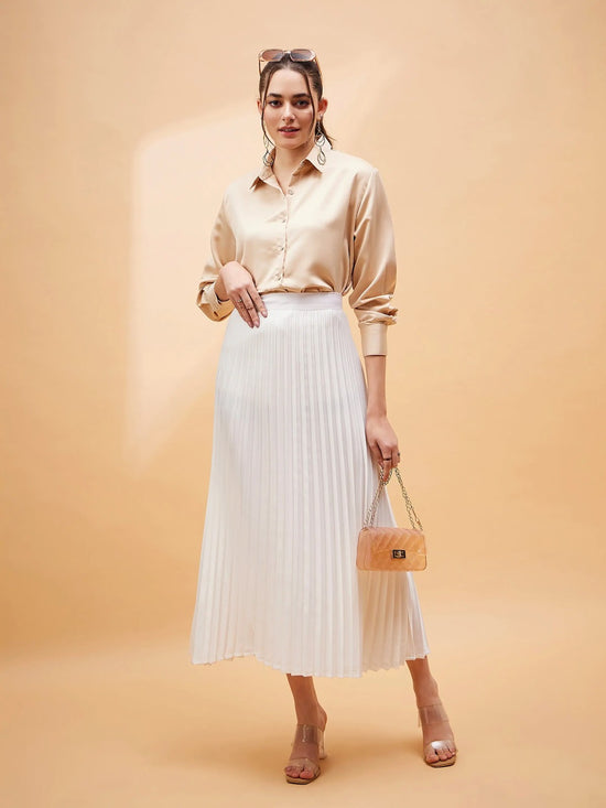 Women White Accordion Pleated Belted Midi Skirt