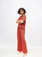 Women Rust Knit Notch Collar Shirt With Darted Pants