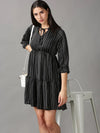 Women's Black Striped Fit and Flare Dress-AE-15712-Black