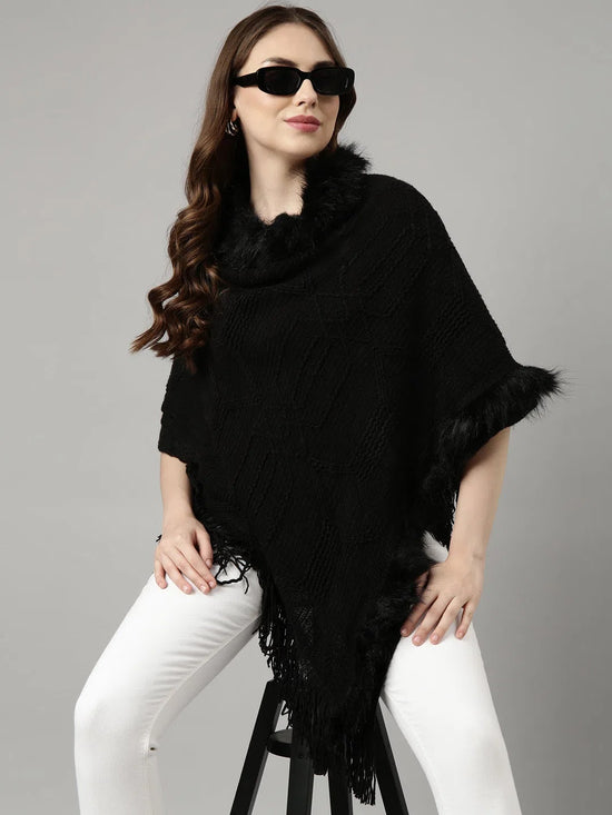 Women Solid Black Longline Poncho-CHN-9042-Black